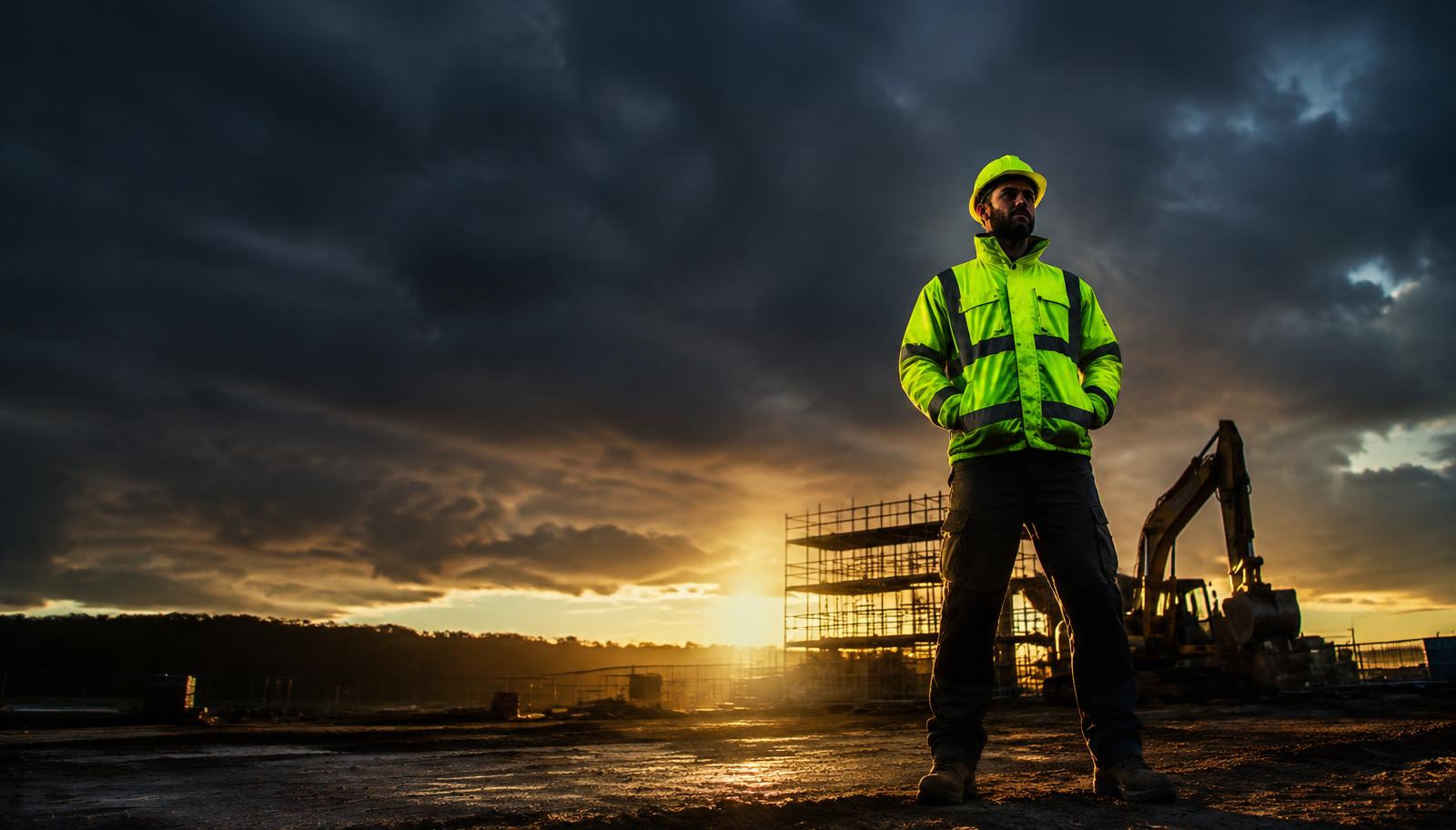 Worker in hi-vis safety vest on a construction site at dawn